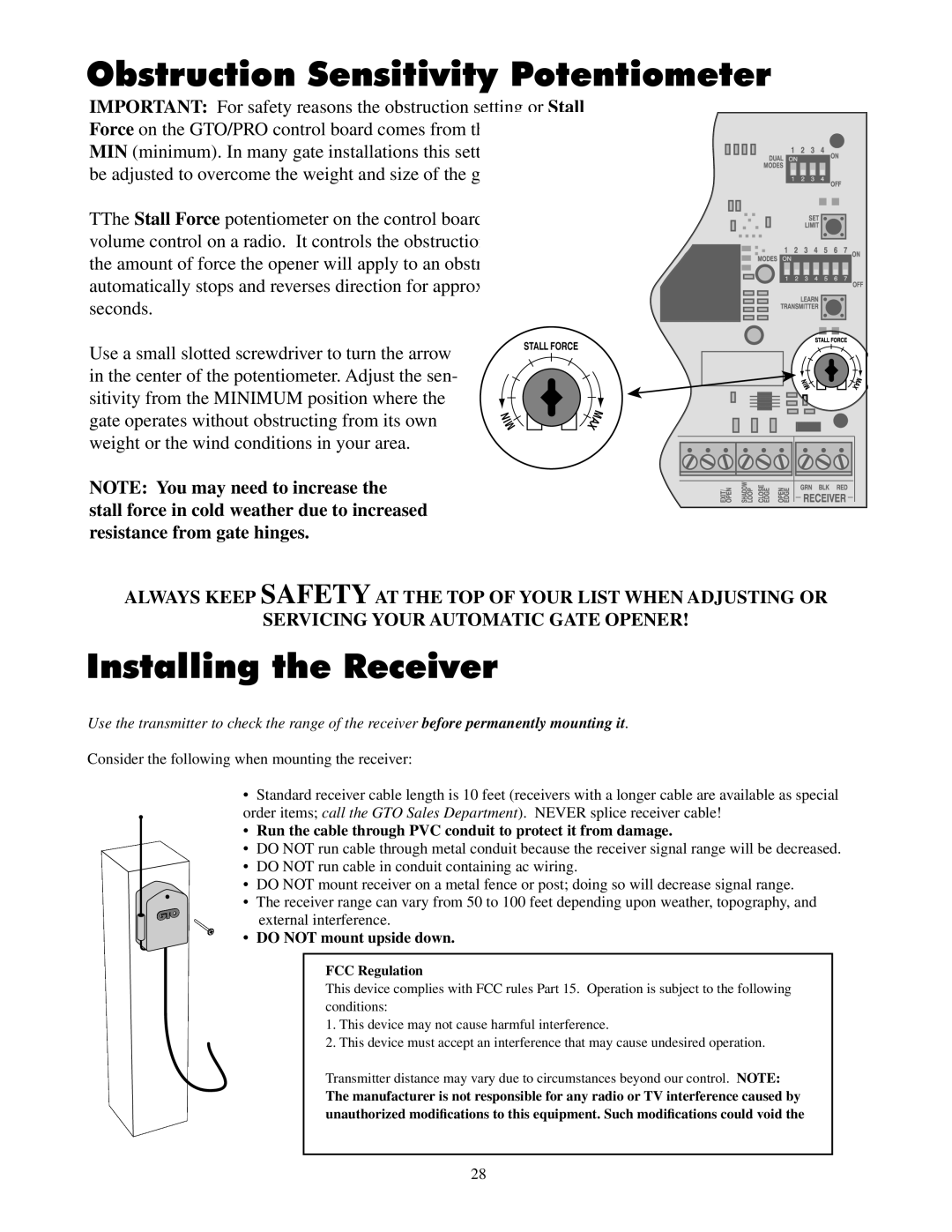 GTO 2550, 2502 installation manual Obstruction Sensitivity Potentiometer, Installing the Receiver, Do not mount upside down 