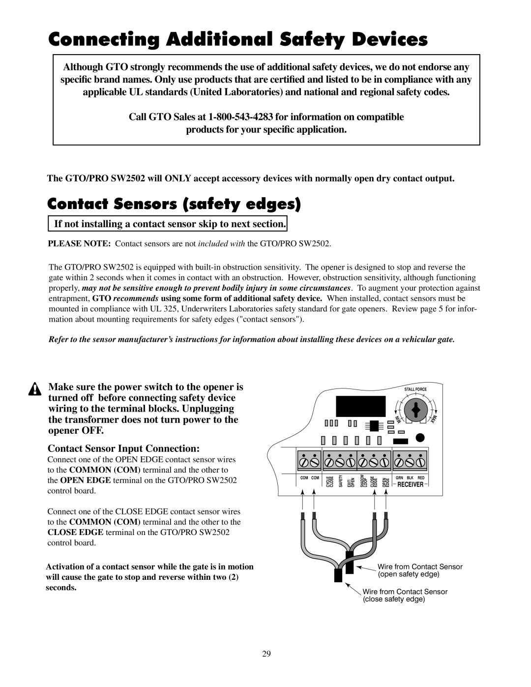 GTO 2502, 2550 installation manual Connecting Additional Safety Devices, Contact Sensors safety edges 