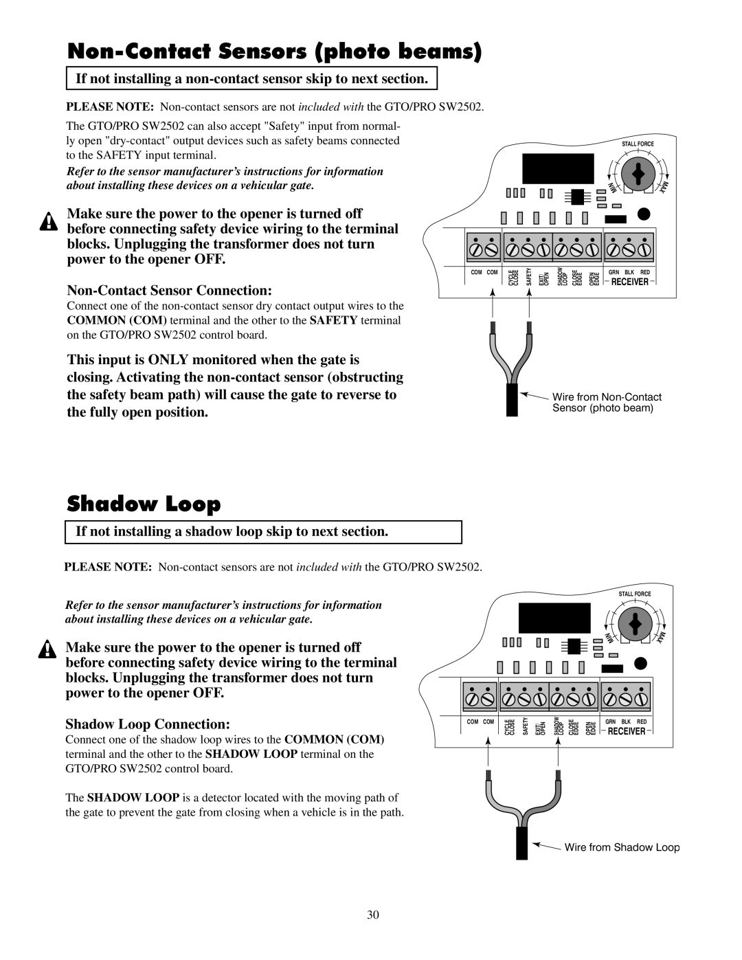 GTO 2550, 2502 Non-Contact Sensors photo beams, Shadow Loop, If not installing a non-contact sensor skip to next section 