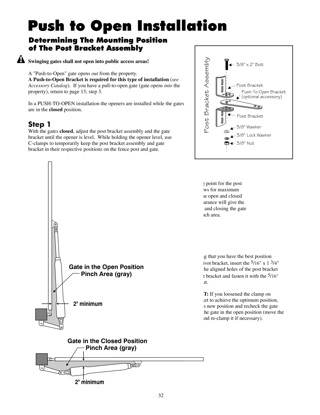 GTO 2550, 2502 installation manual Push to Open Installation, Swinging gates shall not open into public access areas 