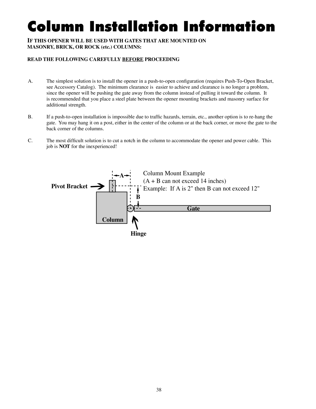 GTO 2550, 2502 installation manual Column Installation Information, MASONRY, BRICK, or Rock etc. Columns 