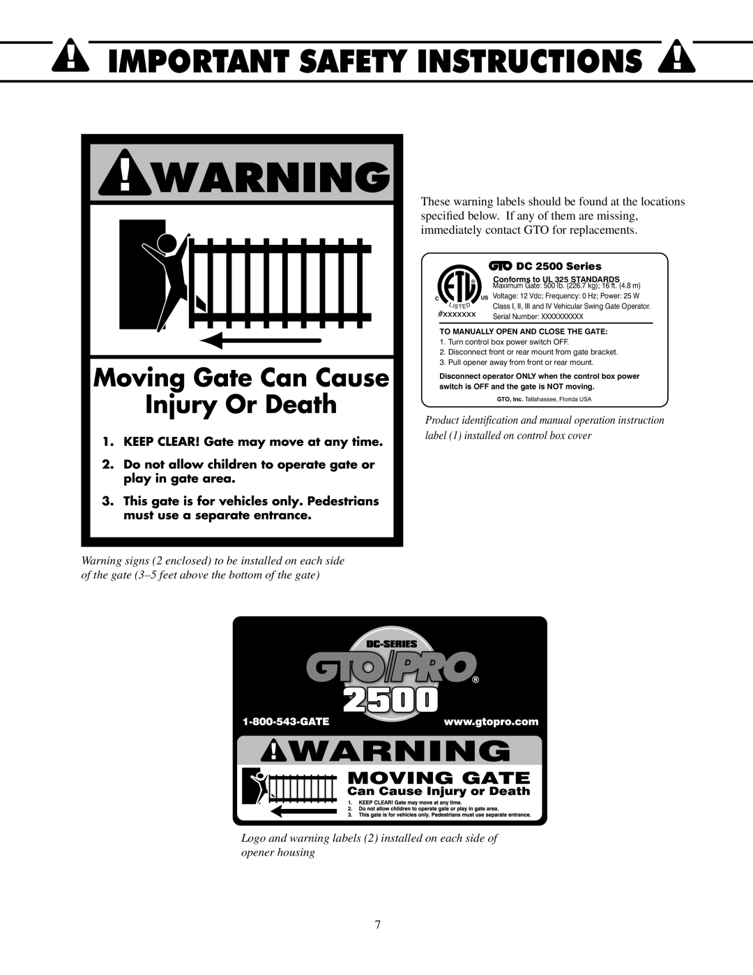 GTO 2502, 2550 installation manual Important Safety Instructions, DC 2500 Series 