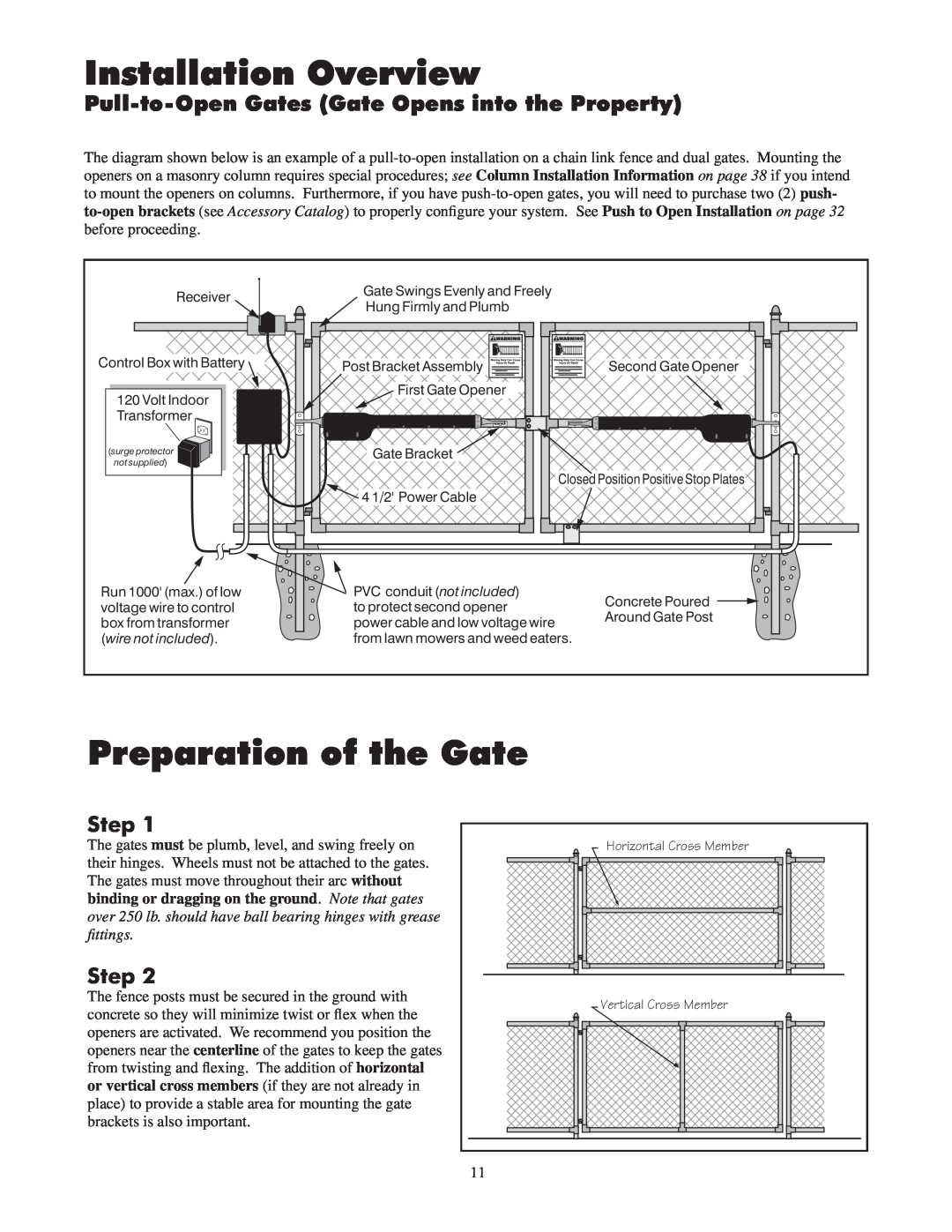 GTO 2502, 2550 Installation Overview, Preparation of the Gate, Pull-to-OpenGates Gate Opens into the Property, Step 