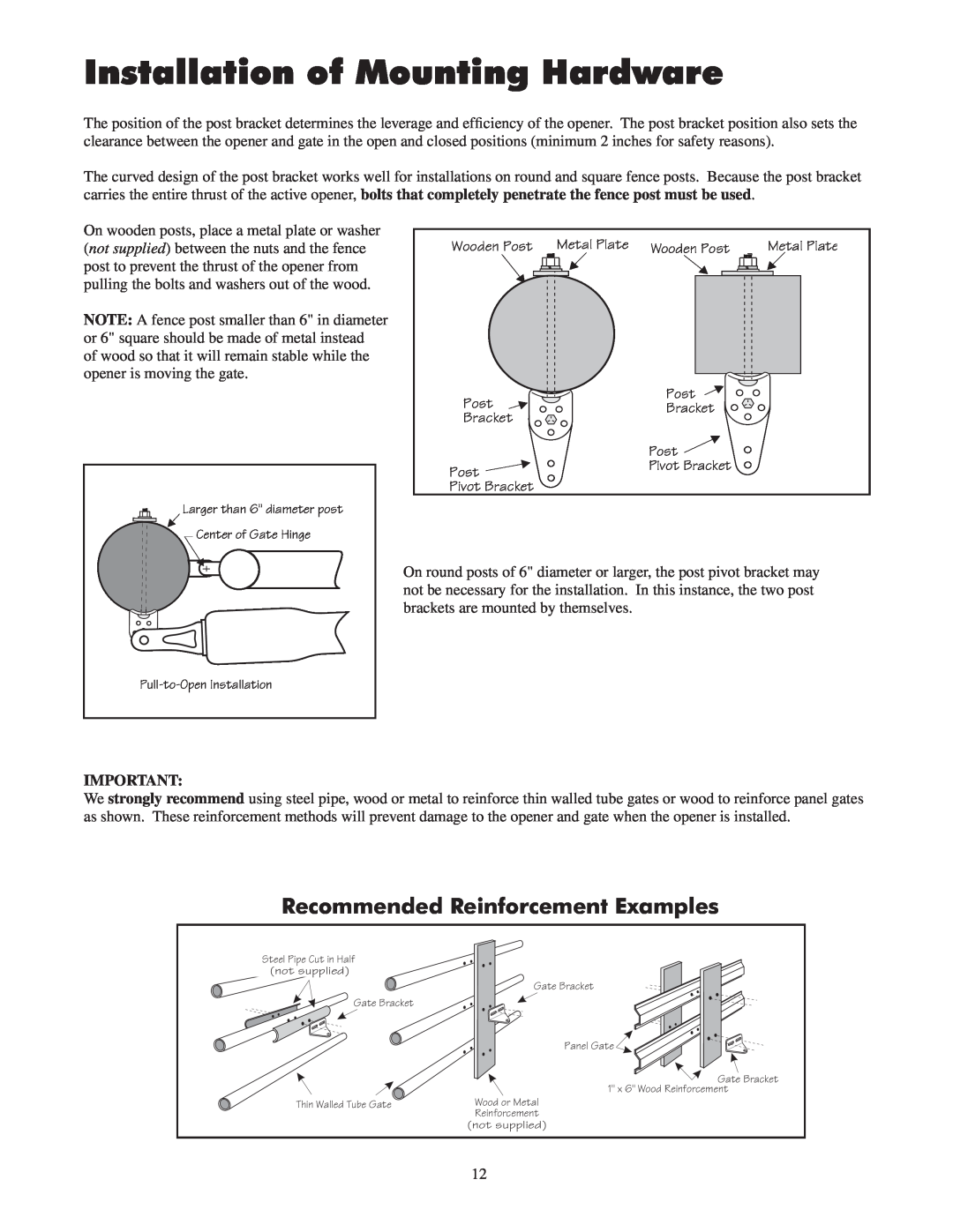 GTO 2550, 2502 installation manual Installation of Mounting Hardware, Recommended Reinforcement Examples 