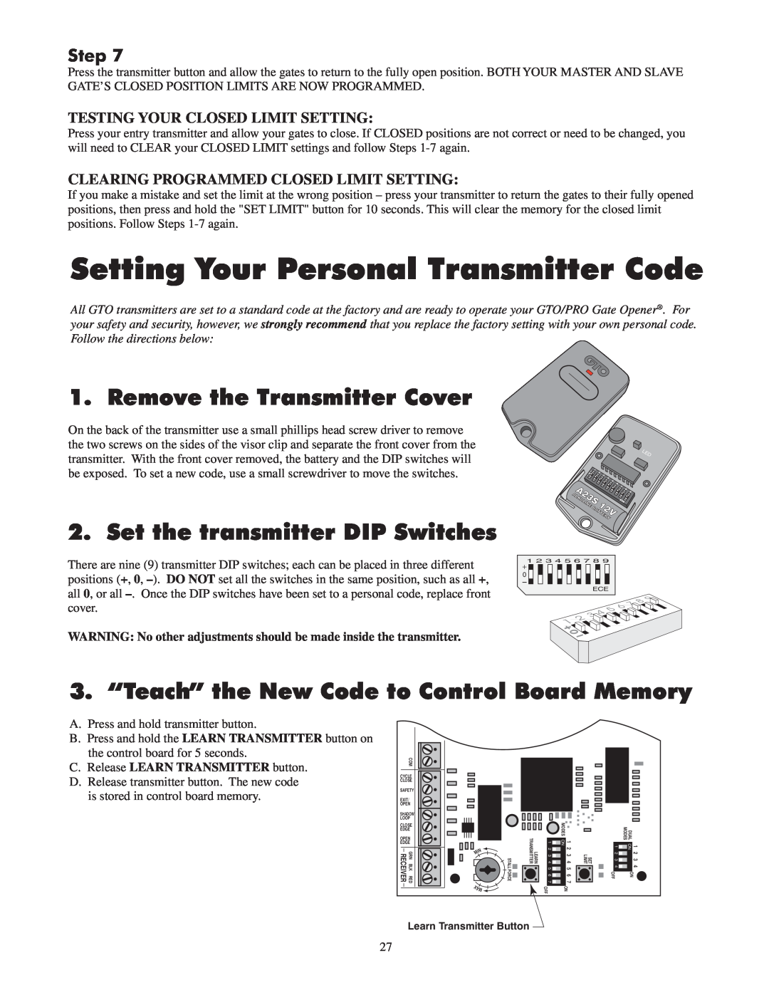 GTO 2502 Setting Your Personal Transmitter Code, Remove the Transmitter Cover, Set the transmitter DIP Switches, Step 