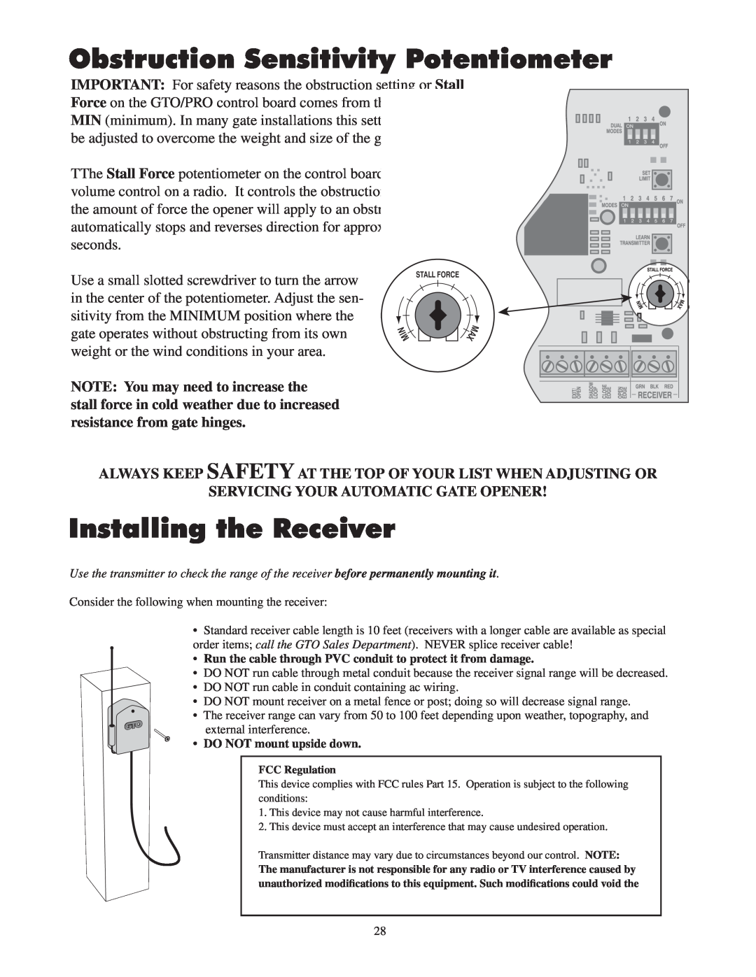 GTO 2550, 2502 installation manual Obstruction Sensitivity Potentiometer, Installing the Receiver 