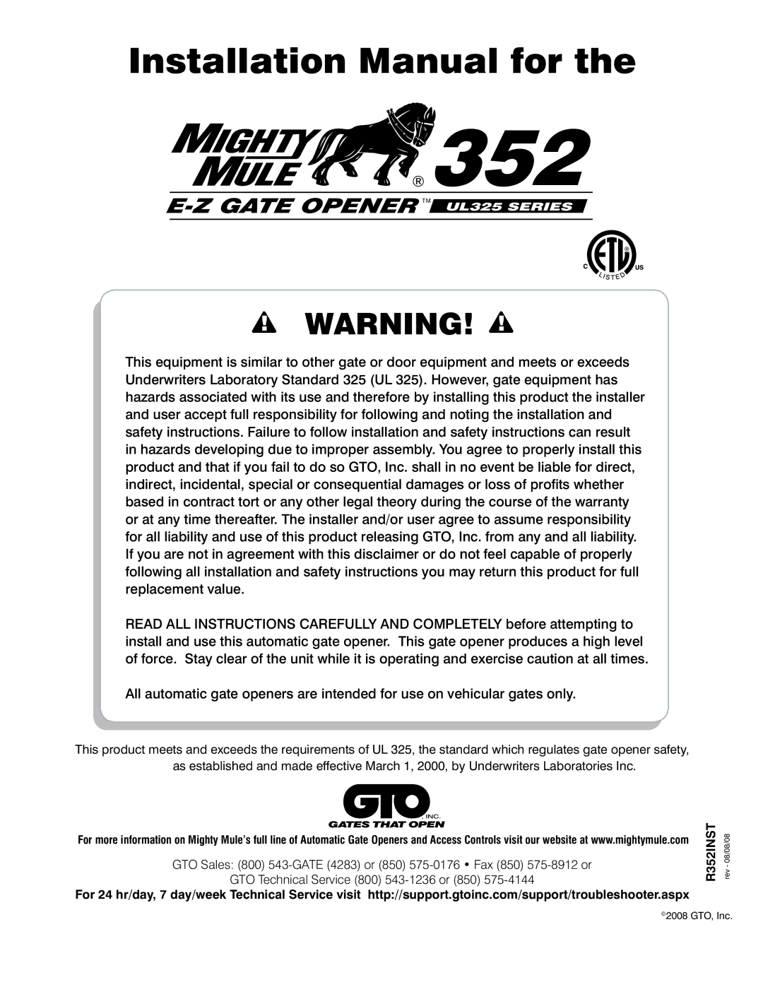 GTO 352 installation manual 