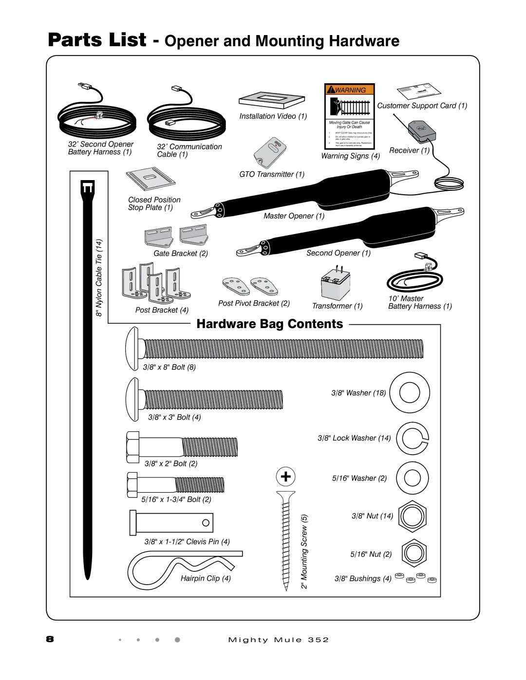 GTO 352 installation manual Parts List Opener and Mounting Hardware, Hardware Bag Contents 