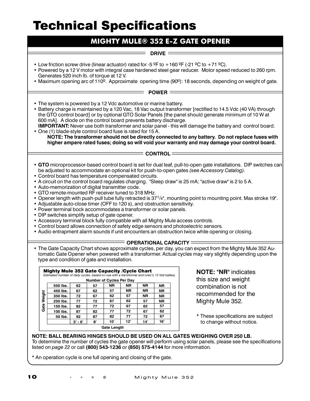 GTO 352 installation manual Drive, Power, Control, Operational Capacity 