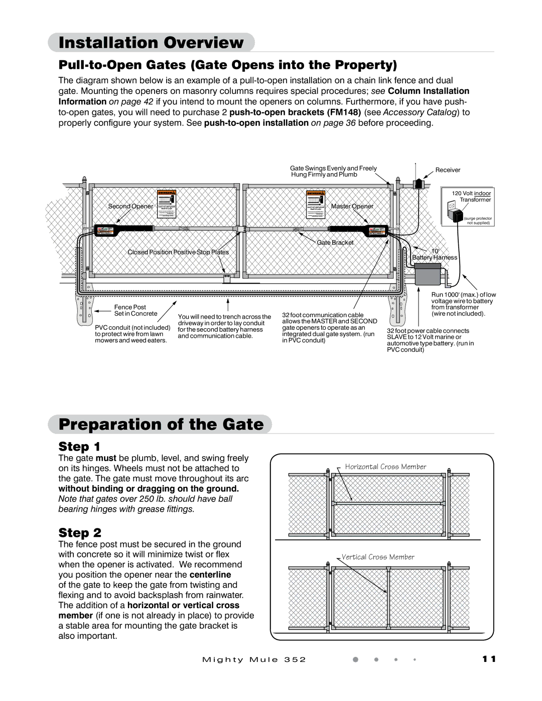 GTO 352 Installation Overview, Preparation of the Gate, Pull-to-Open Gates Gate Opens into the Property, Step 