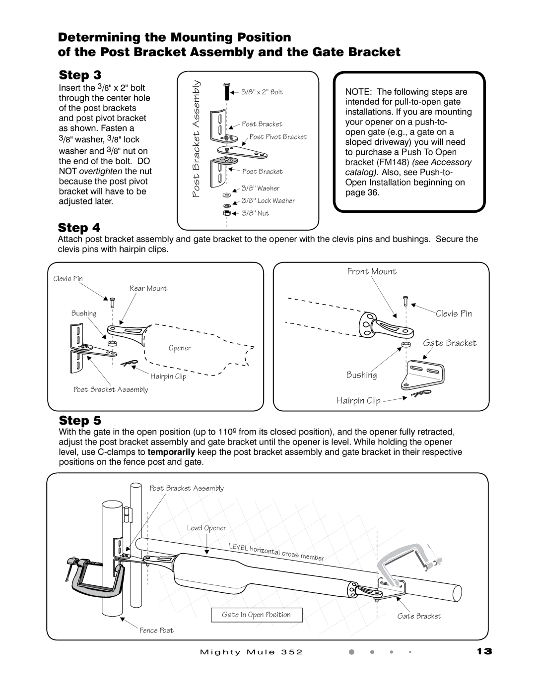 GTO 352 installation manual Post Bracket Assembly, Open Installation beginning on 