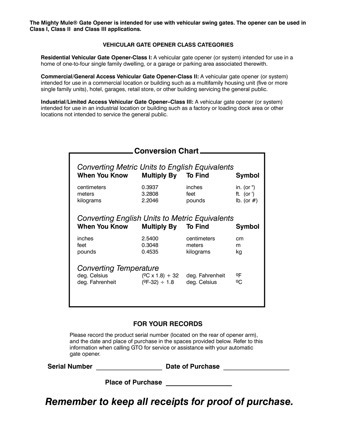 GTO 352 installation manual Conversion Chart, When You Know Multiply By To Find, Place of Purchase 