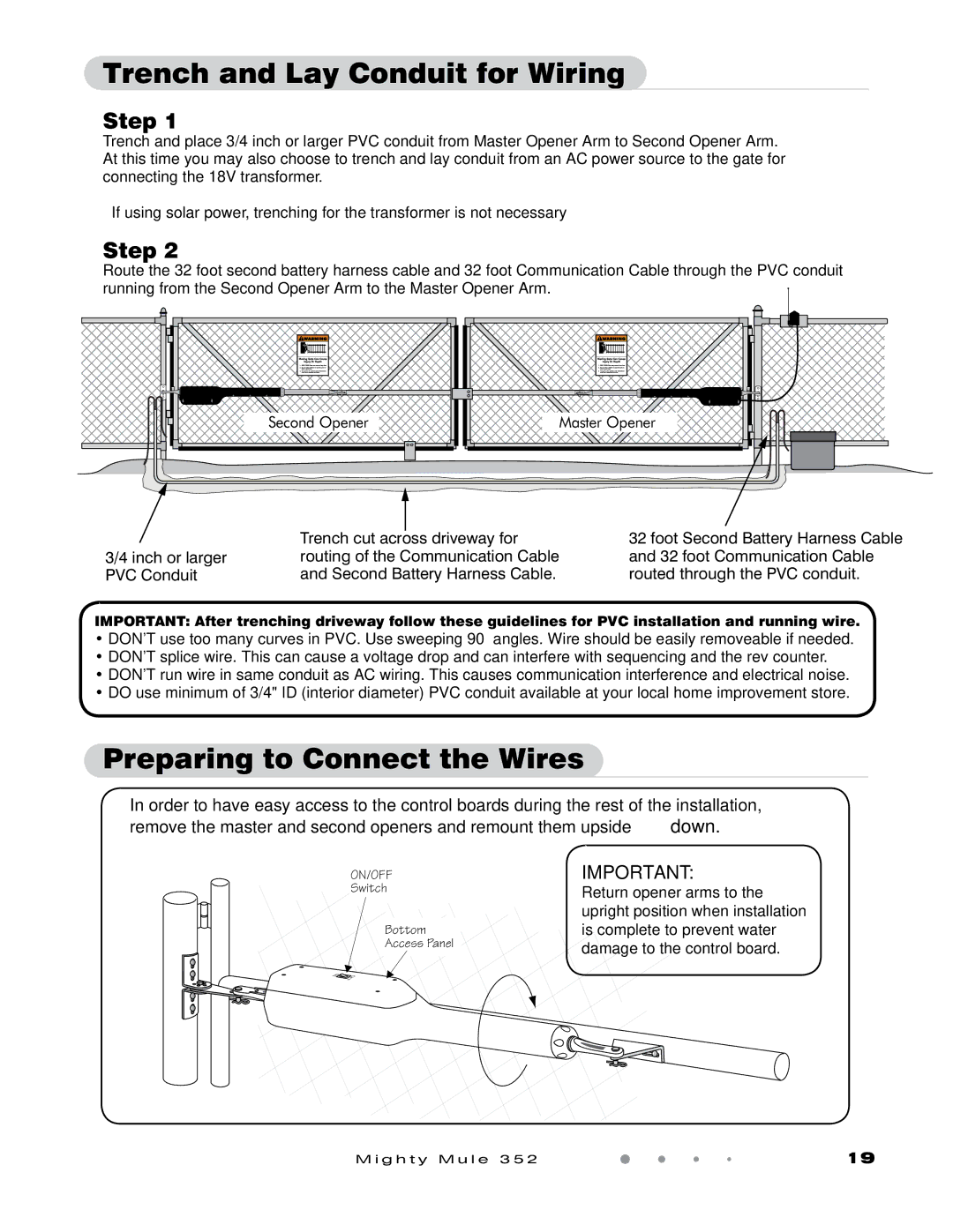 GTO 352 installation manual Trench and Lay Conduit for Wiring, Preparing to Connect the Wires 