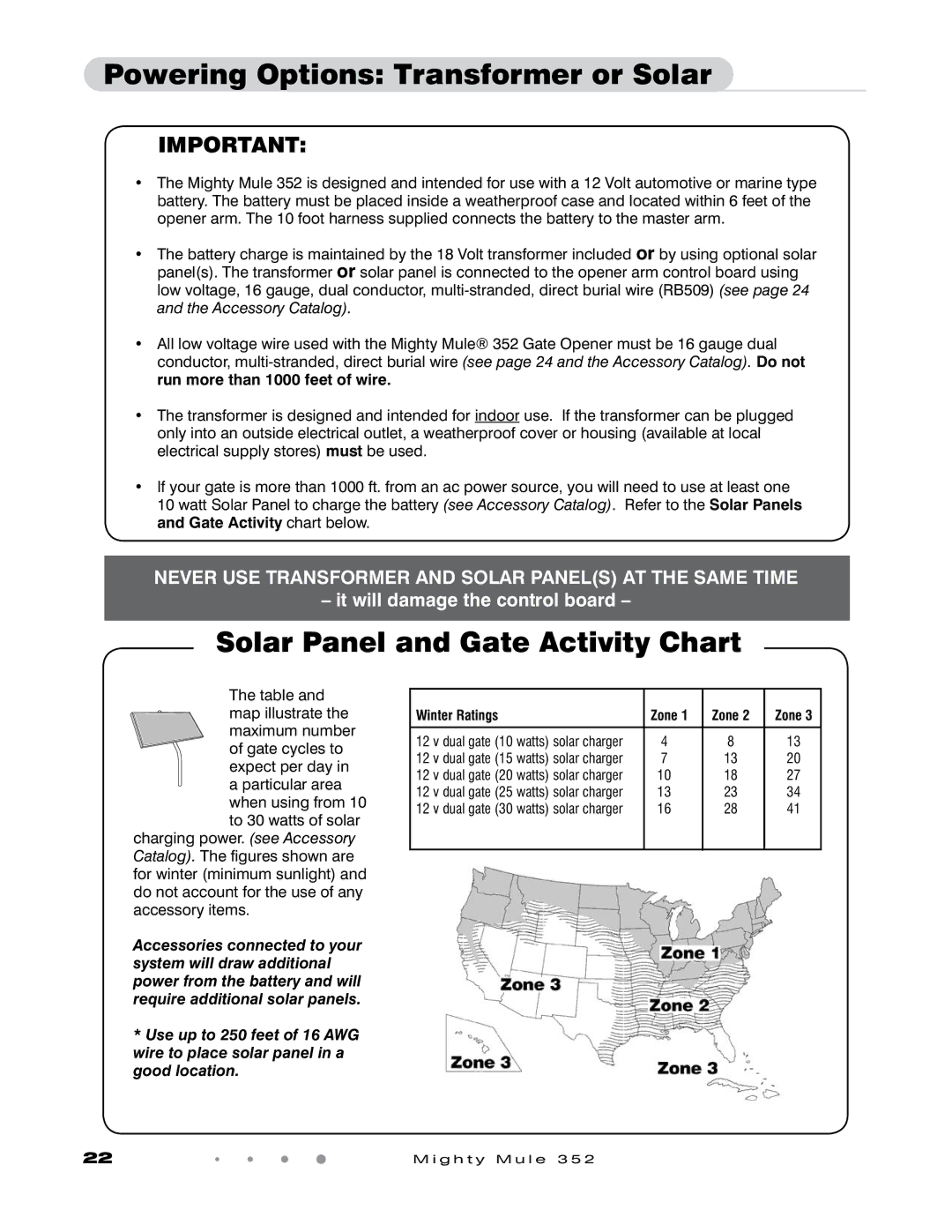 GTO 352 installation manual Powering Options Transformer or Solar, Solar Panel and Gate Activity Chart 