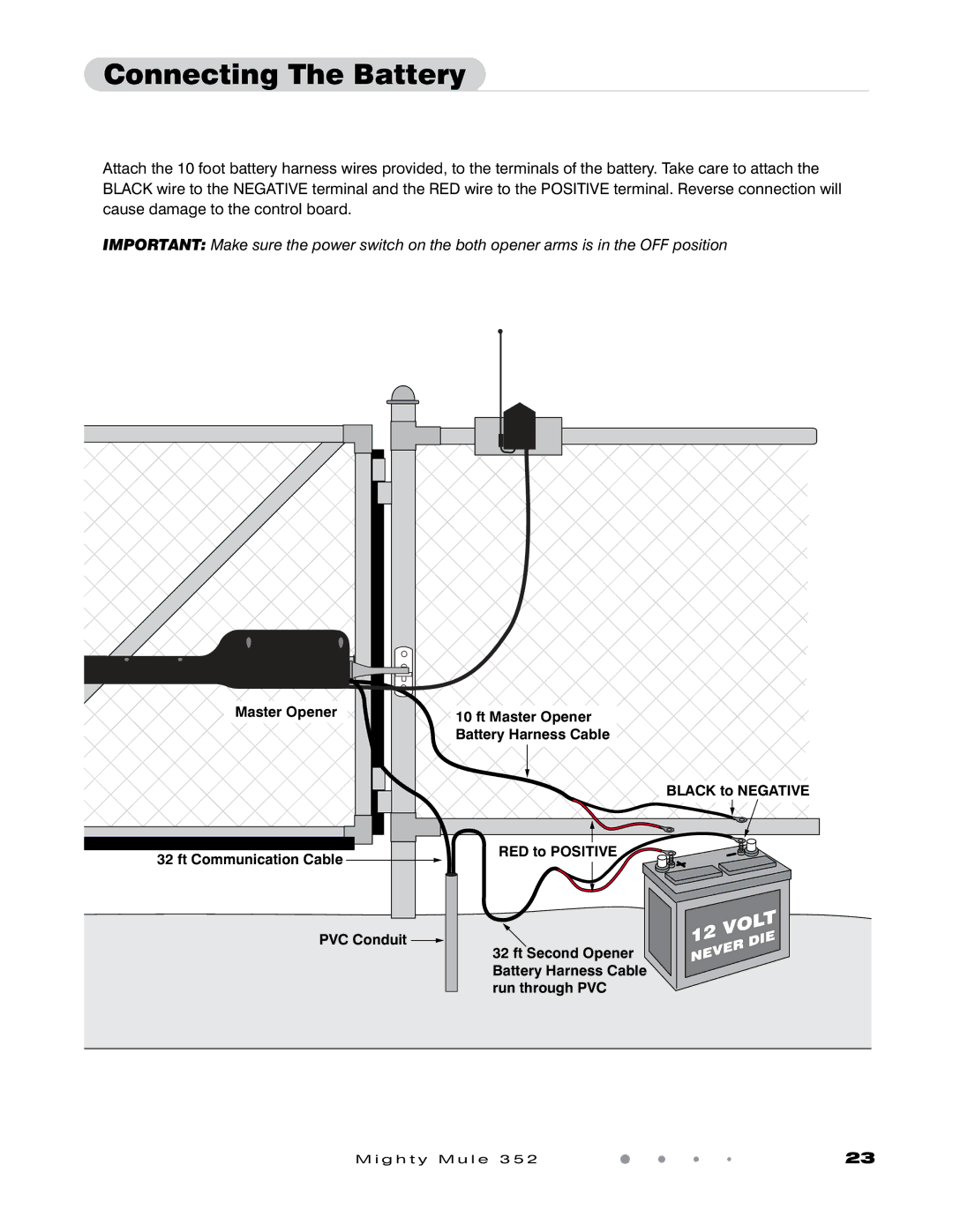 GTO 352 installation manual Connecting The Battery 