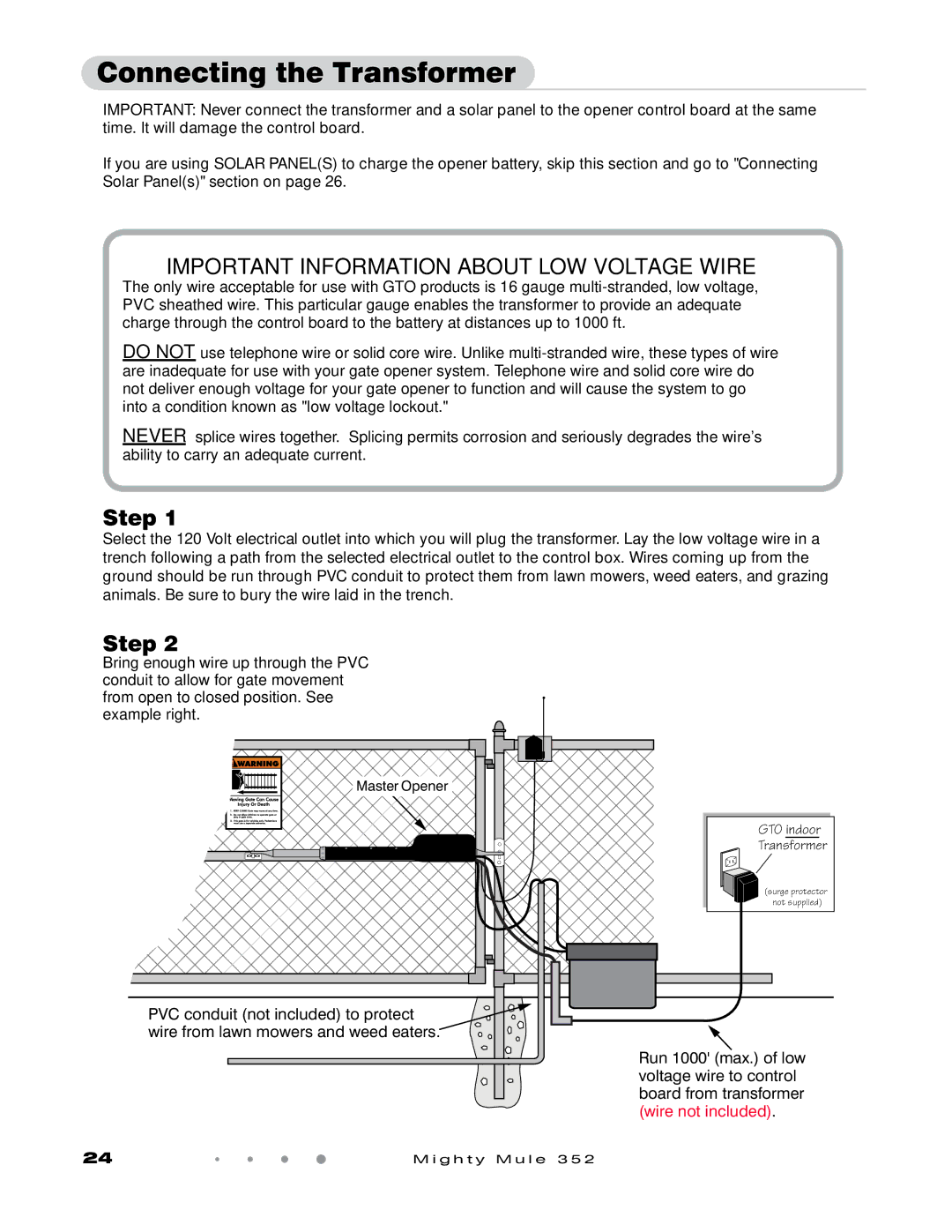 GTO 352 installation manual Connecting the Transformer, Important Information about LOW Voltage Wire 