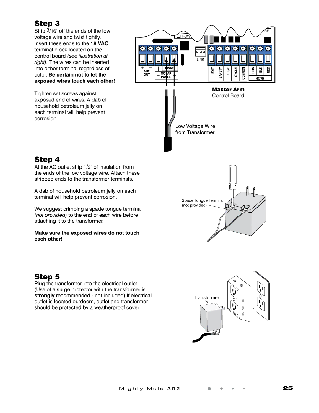 GTO 352 installation manual Master Arm, Make sure the exposed wires do not touch each other 