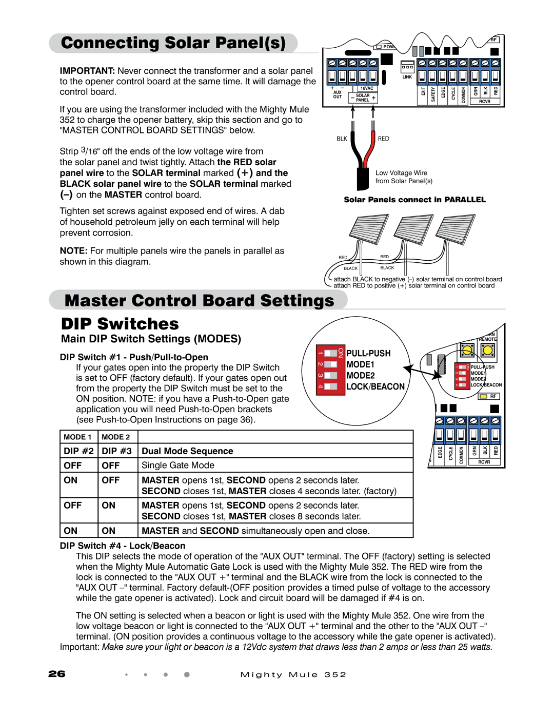 GTO 352 Connecting Solar Panels, Master Control Board Settings DIP Switches, Main DIP Switch Settings Modes, Off 