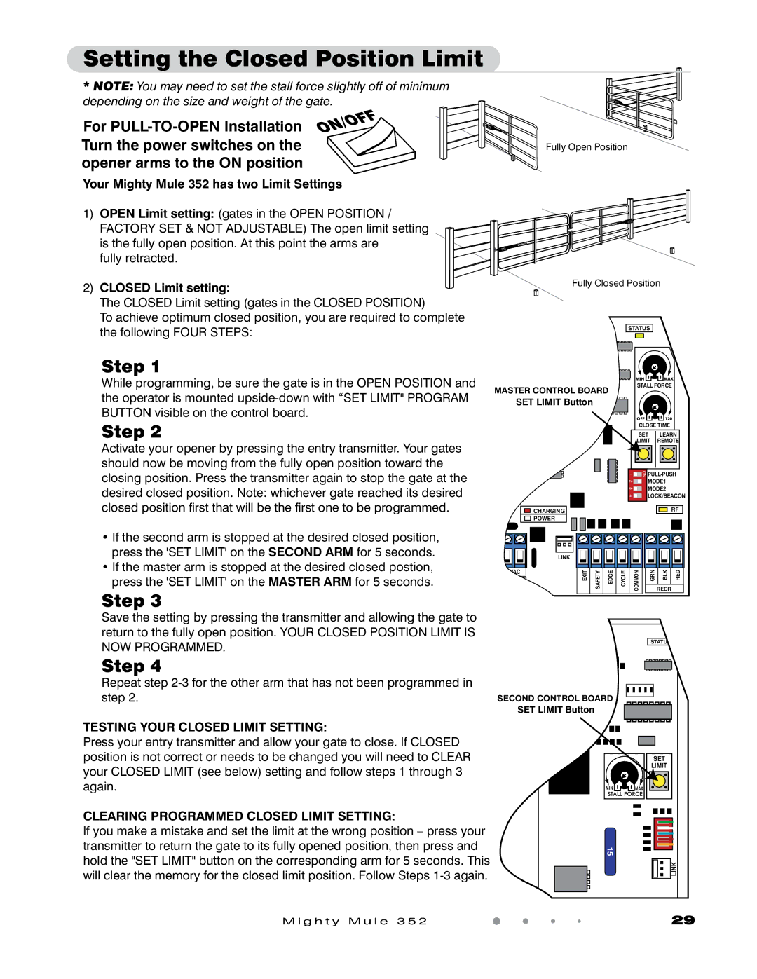 GTO Setting the Closed Position Limit, Your Mighty Mule 352 has two Limit Settings, Closed Limit setting 