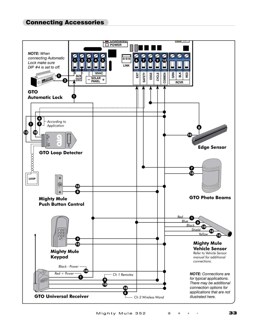 GTO 352 installation manual Connecting Accessories, GTO Automatic Lock 