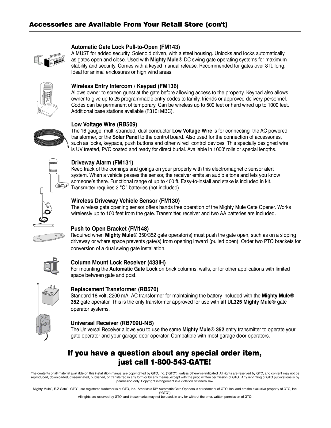 GTO 352 installation manual Automatic Gate Lock Pull-to-Open FM143 