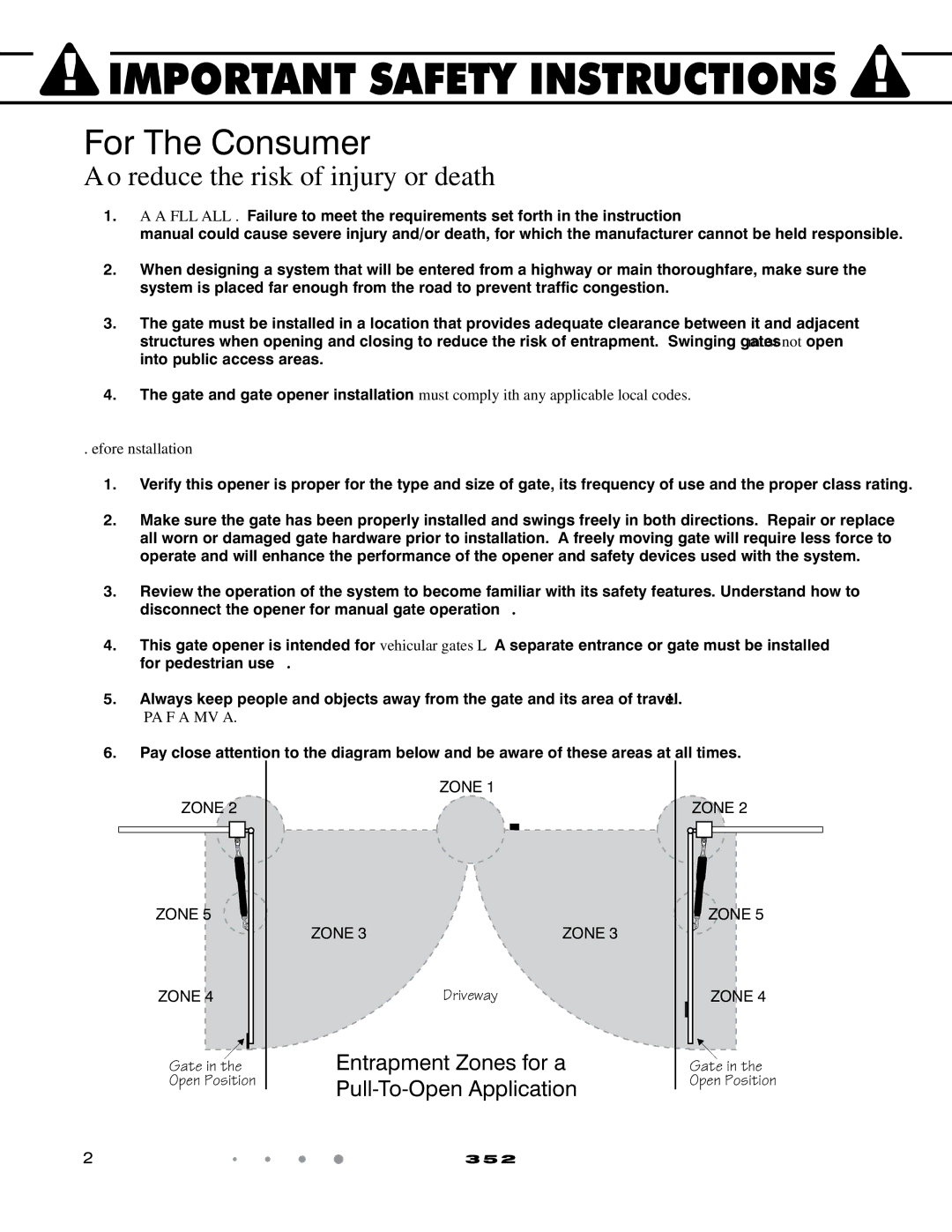 GTO 352 installation manual Entrapment Zones for a, Pull-To-Open Application, Path of a Moving Gate 