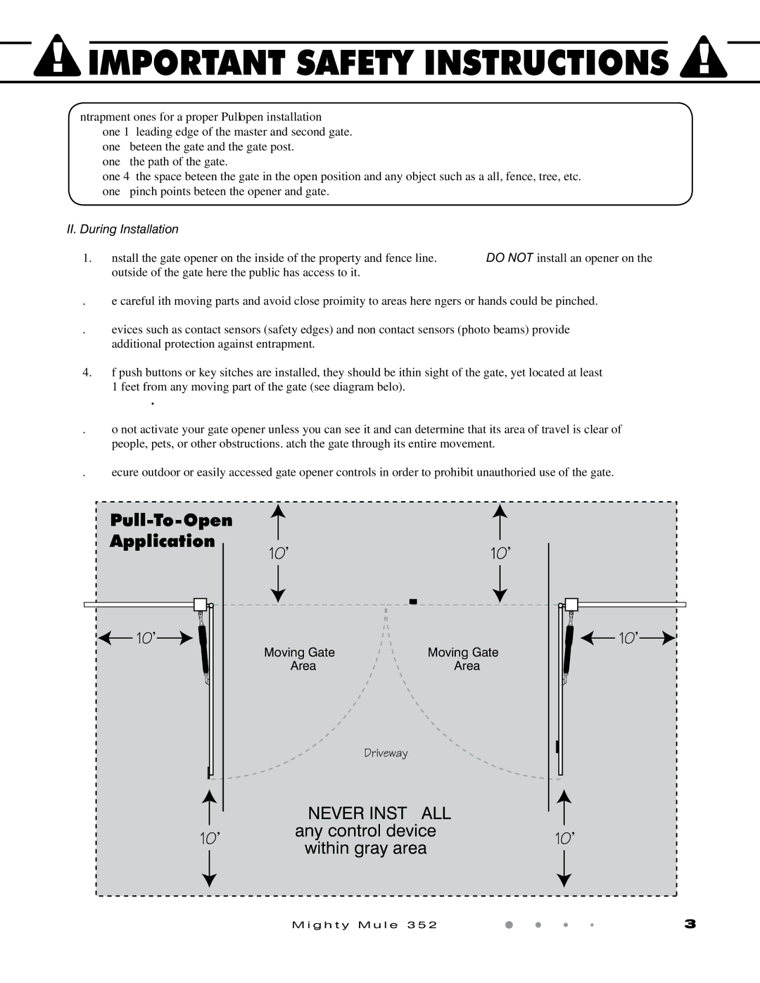 GTO 352 installation manual Any control device within gray area, II. During Installation, Moving Gate Area Driveway 