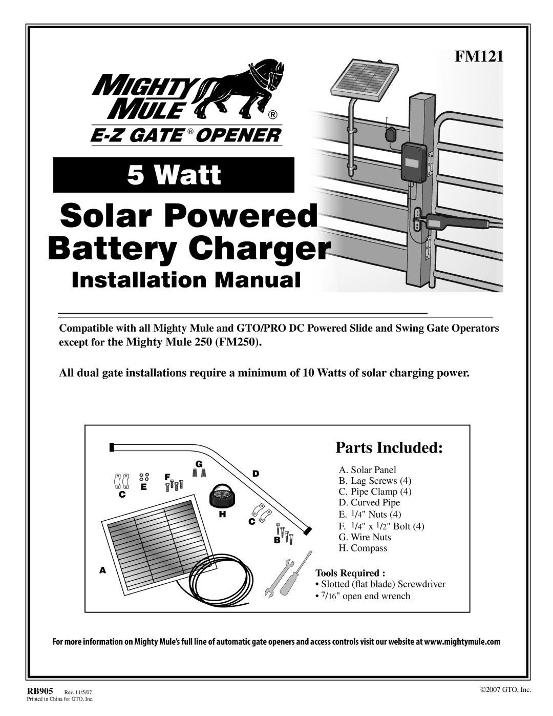 GTO FM121 installation manual Parts Included, Tools Required 