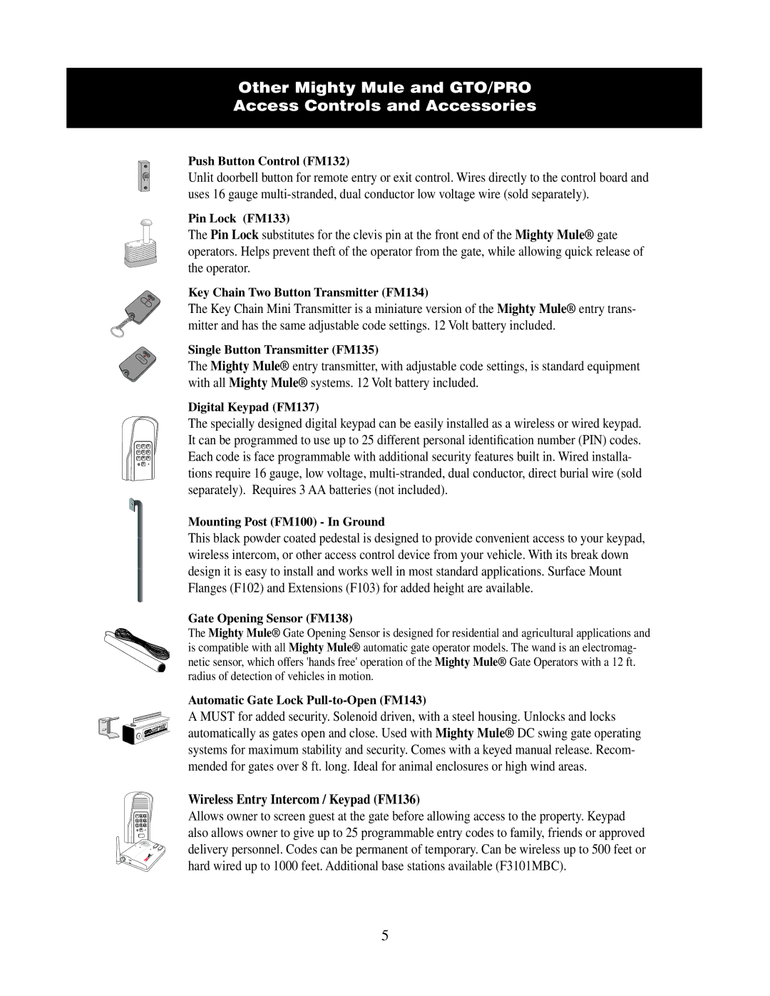 GTO FM121 installation manual Wireless Entry Intercom / Keypad FM136, Push Button Control FM132 