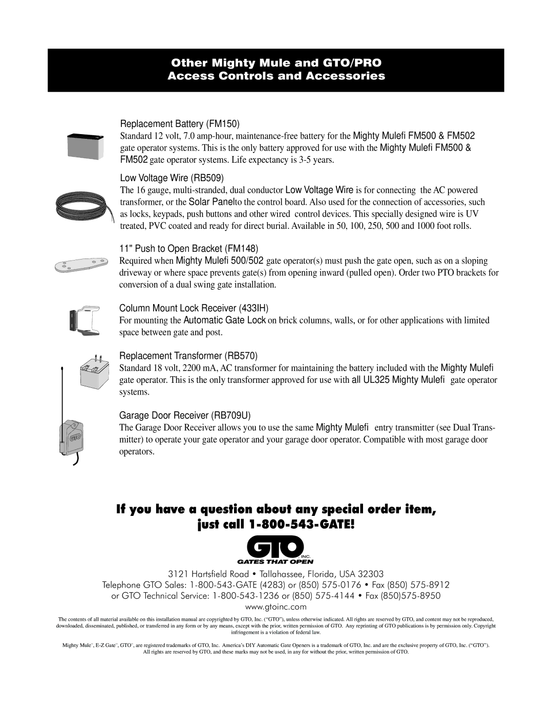 GTO FM121 Replacement Battery FM150, Low Voltage Wire RB509, Push to Open Bracket FM148, Column Mount Lock Receiver 433IH 