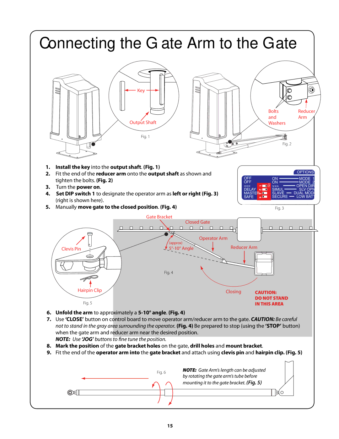 GTO GP-SW050 owner manual Connecting the Gate Arm to the Gate, Install the key into the output shaft. Fig 