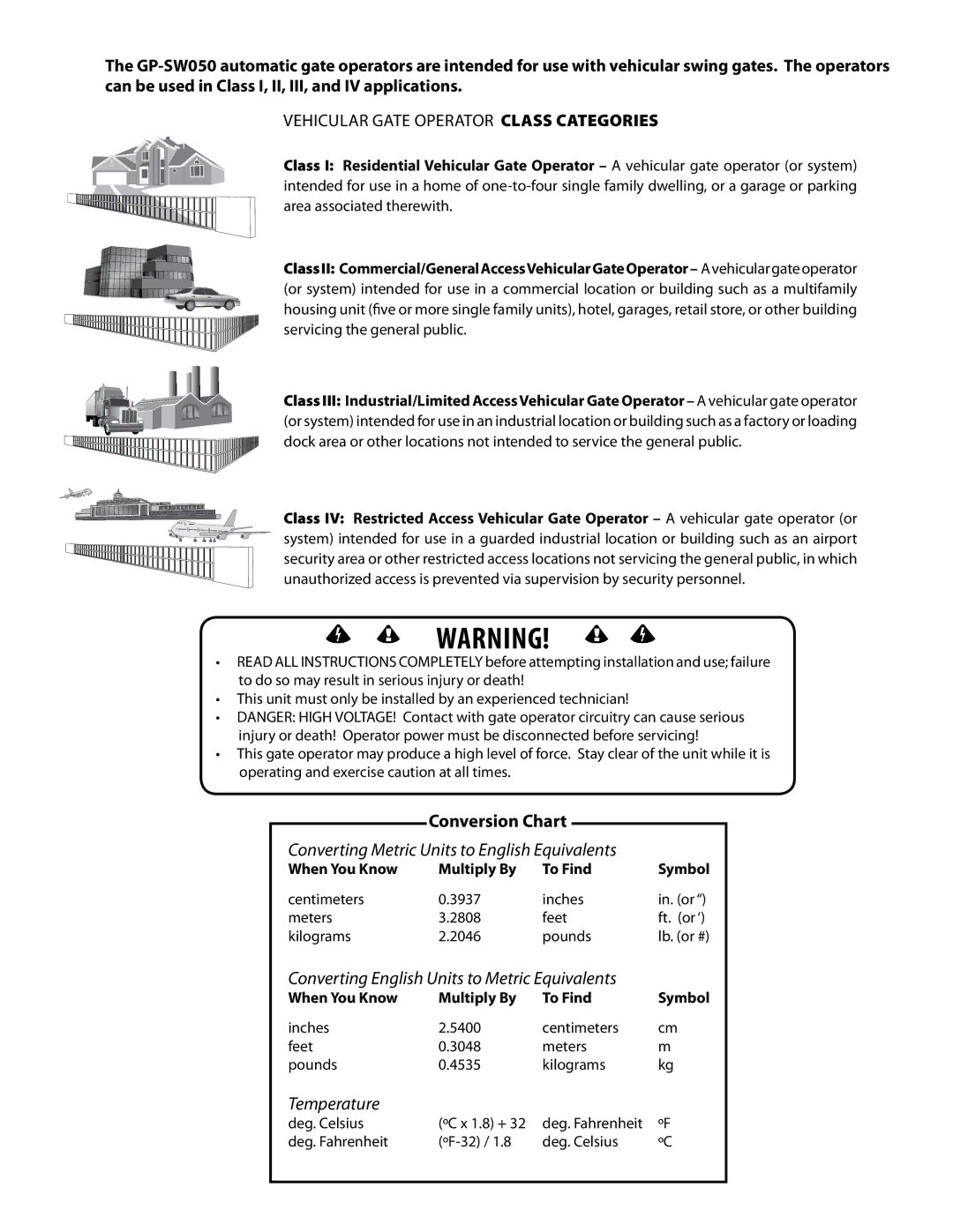 GTO GP-SW050 owner manual Vehicular gate operator class categories, Conversion Chart 