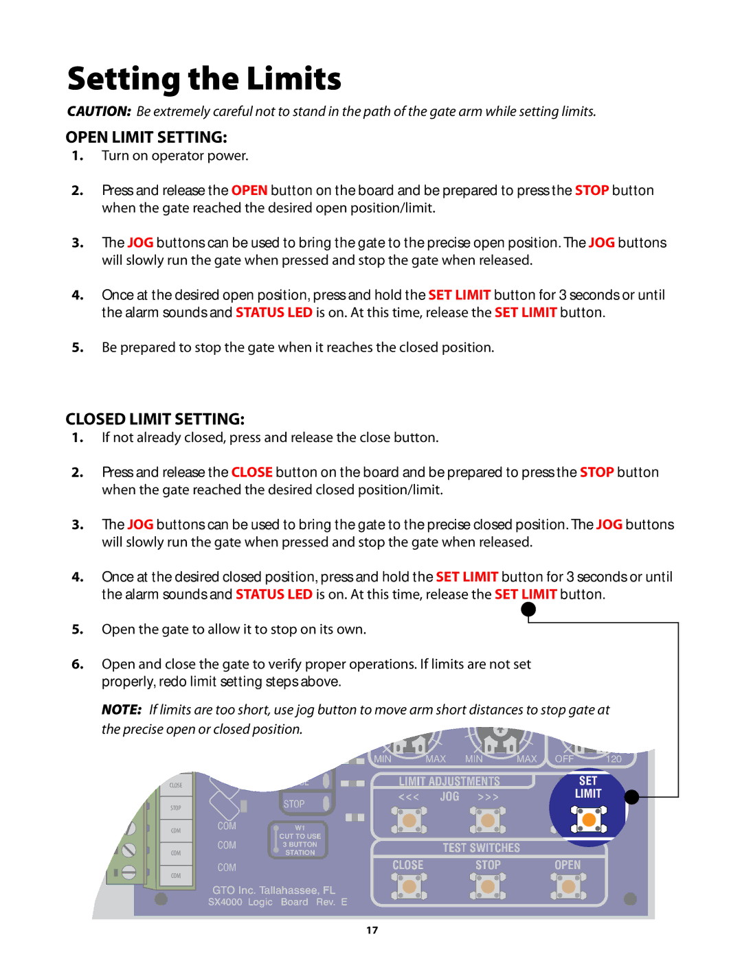 GTO GP-SW050 owner manual Setting the Limits, Open Limit Setting 