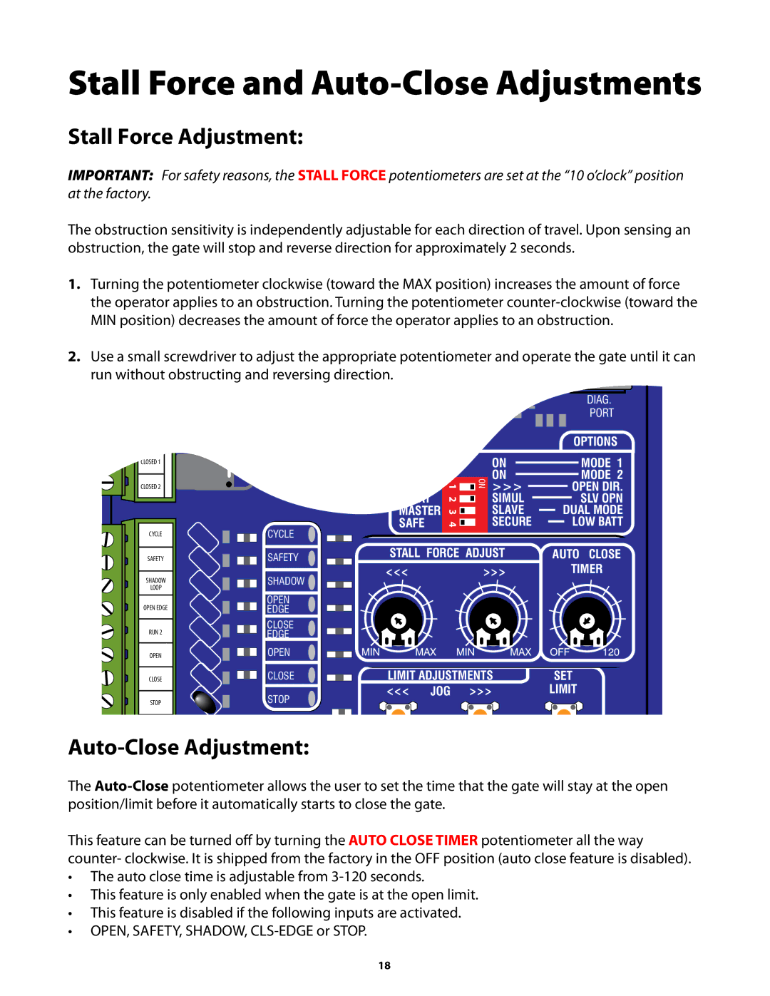 GTO GP-SW050 owner manual Stall Force and Auto-Close Adjustments, Stall Force Adjustment 