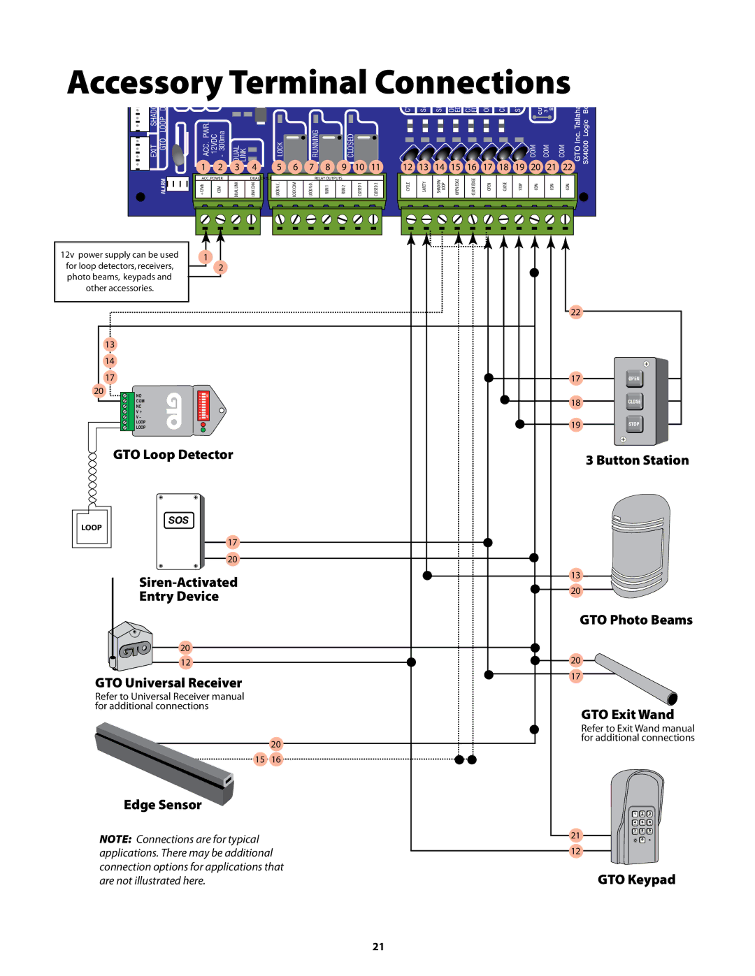 GTO GP-SW050 owner manual Accessory Terminal Connections, GTO Loop Detector Button Station, Siren-Activated Entry Device 