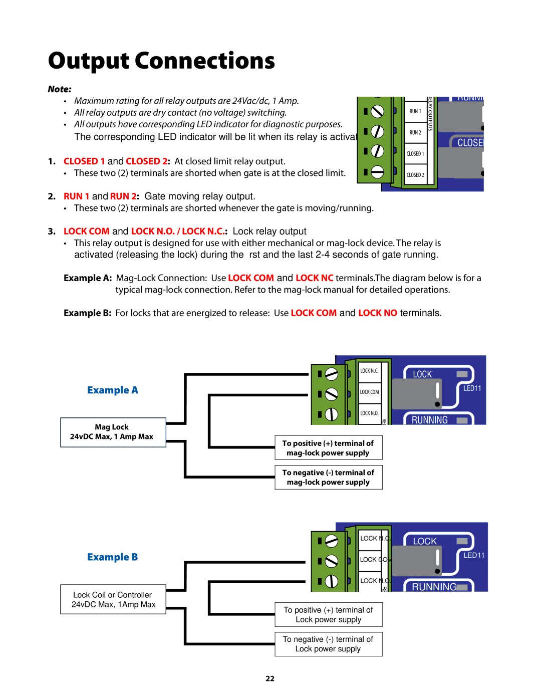 GTO GP-SW050 owner manual Output Connections, Lock COM and Lock N.O. / Lock N.C. Lock relay output 