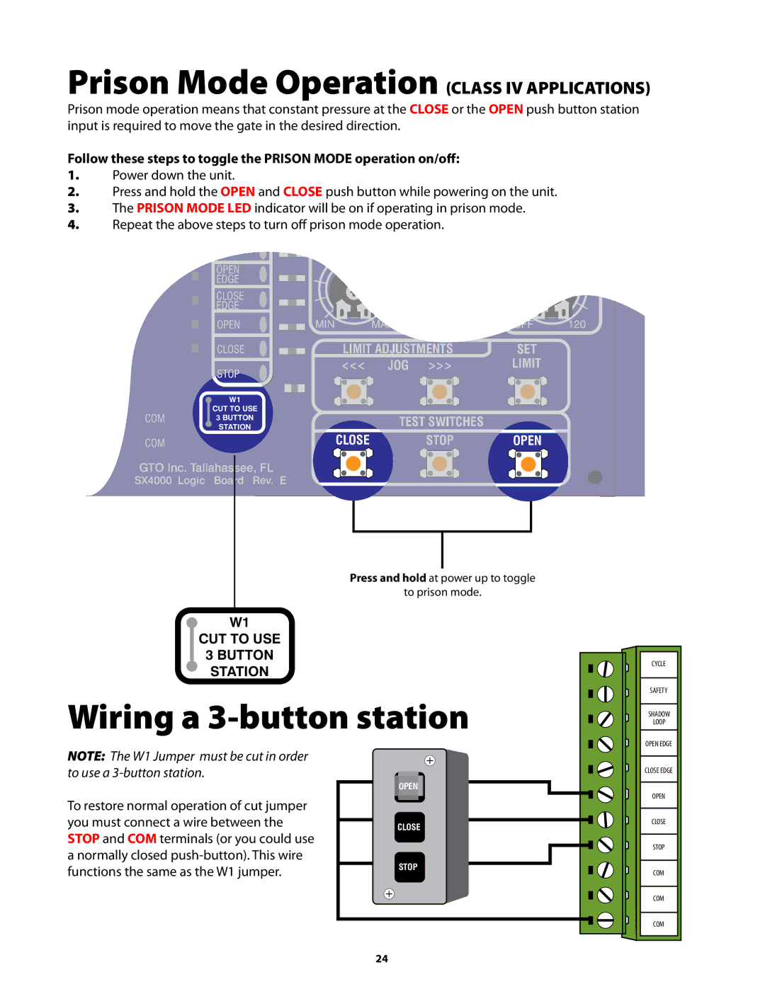 GTO GP-SW050 owner manual Wiring a 3-button station, Prison Mode Operation Class IV Applications 