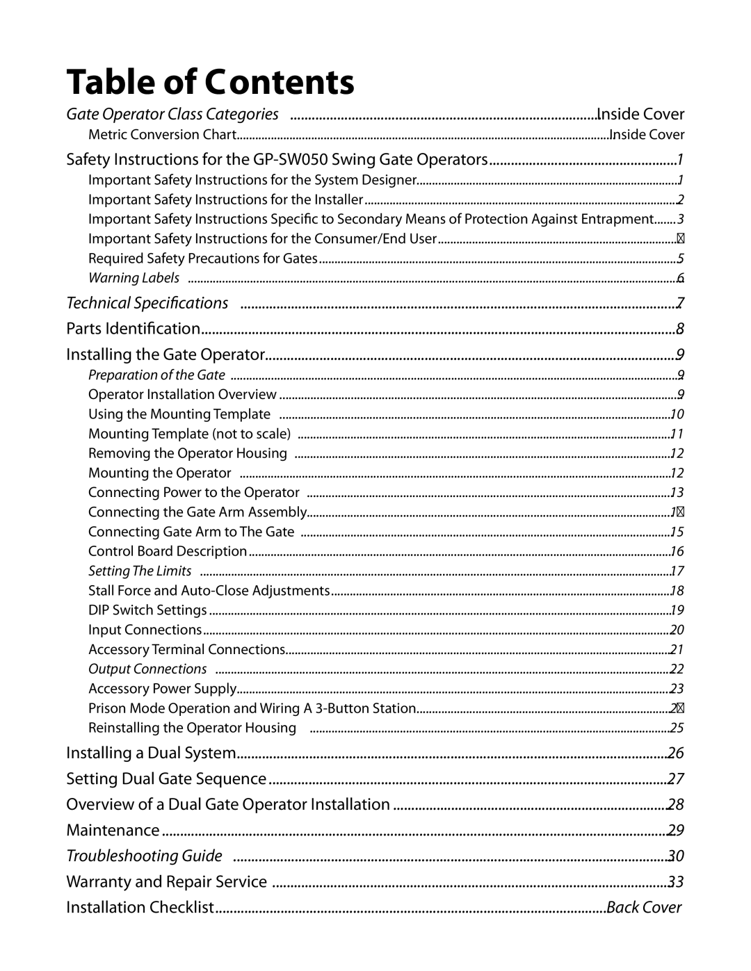 GTO GP-SW050 owner manual Table of Contents 