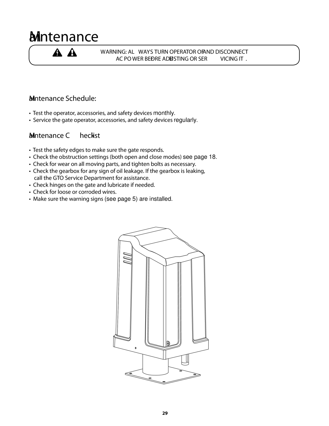 GTO GP-SW050 owner manual Maintenance Schedule 