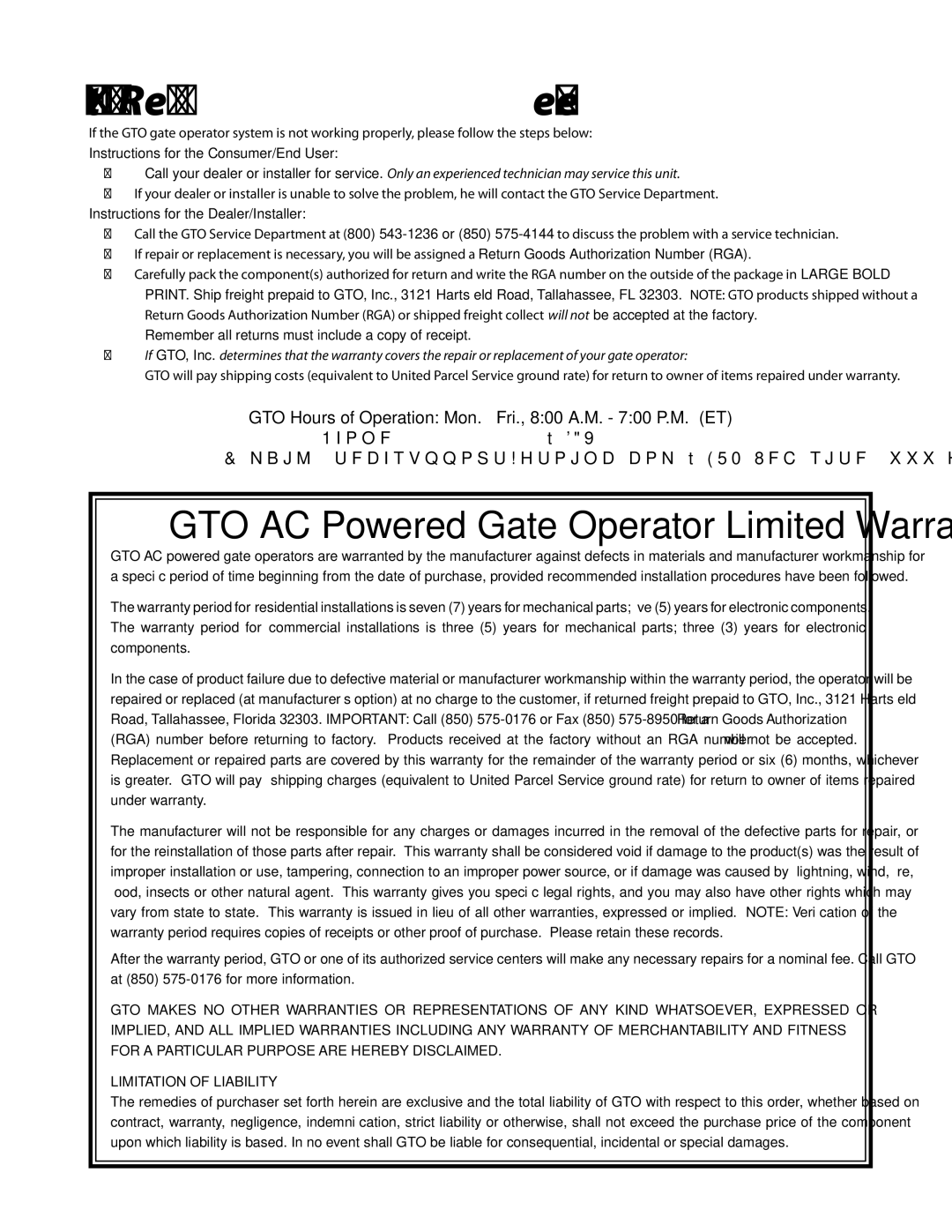 GTO GP-SW050 owner manual Warranty and Repair Service, Instructions for the Consumer/End User 