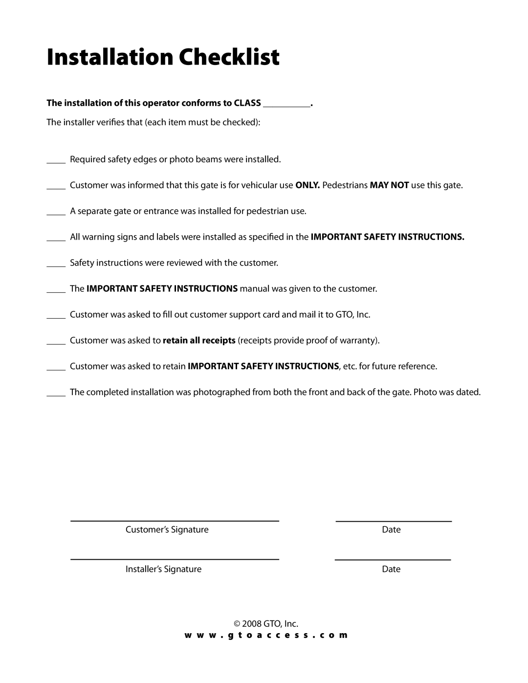 GTO GP-SW050 Installation Checklist, Installation of this operator conforms to Class, W . g t o a c c e s s . c o m 