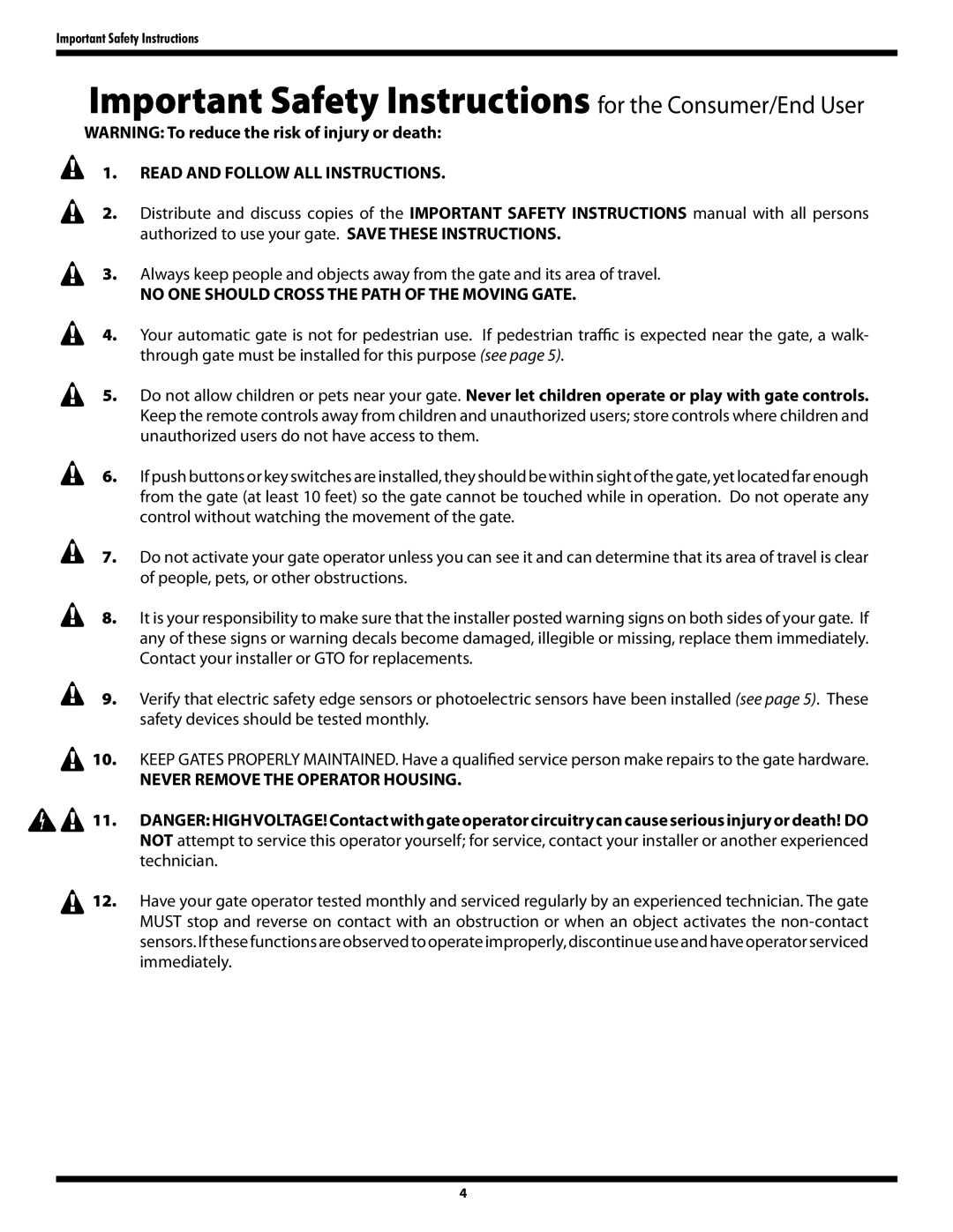 GTO GP-SW050 owner manual Important Safety Instructions for the Consumer/End User 