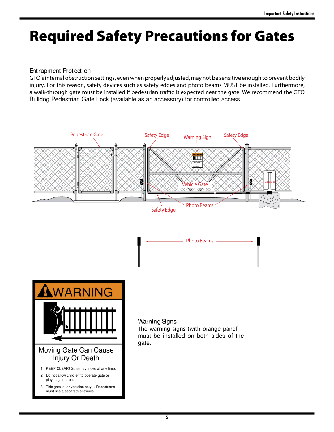 GTO GP-SW050 owner manual Required Safety Precautions for Gates, Entrapment Protection 