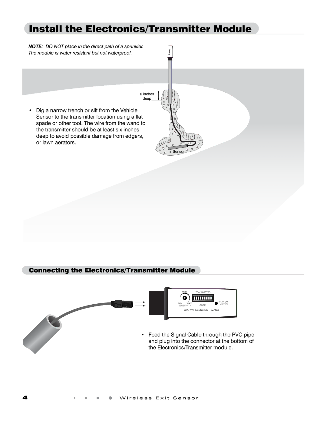 GTO GTO installation manual Install the Electronics/Transmitter Module, Connecting the Electronics/Transmitter Module 