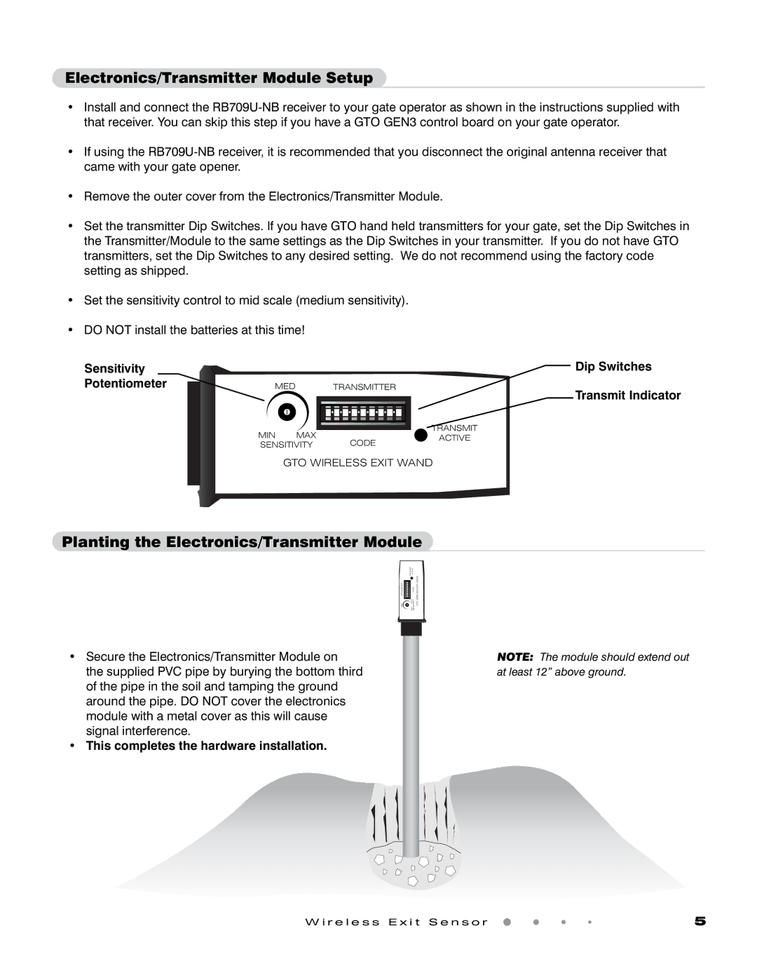 GTO GTO installation manual Electronics/Transmitter Module Setup, Planting the Electronics/Transmitter Module 