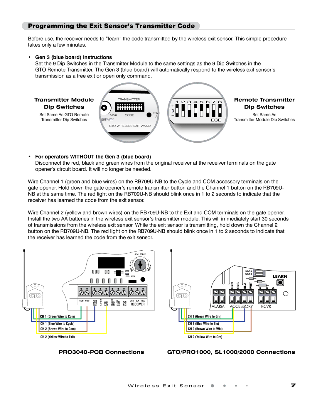 GTO GTO installation manual Programming the Exit Sensor’s Transmitter Code, Gen 3 blue board instructions 