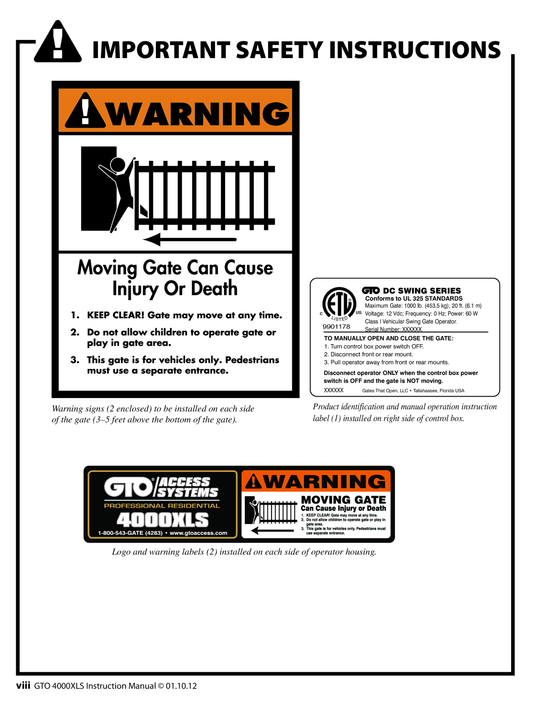 GTO 10, R4854 01, 12 installation manual DC Swing Series 