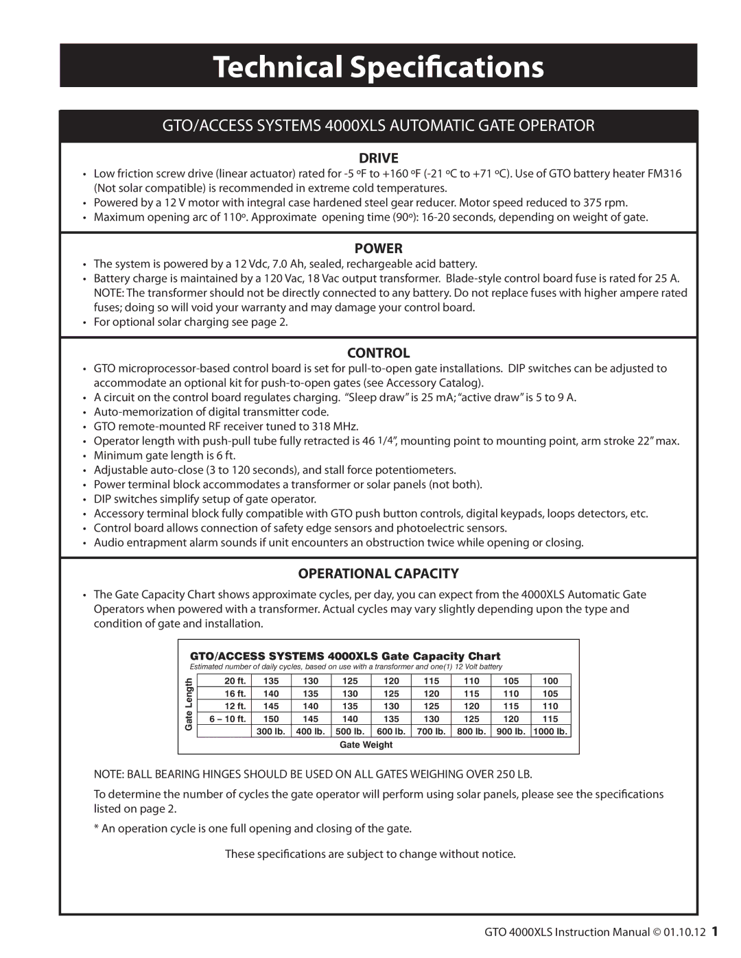 GTO 12, R4854 01, 10 installation manual Technical Specifications, Drive, Power, Control, Operational Capacity 