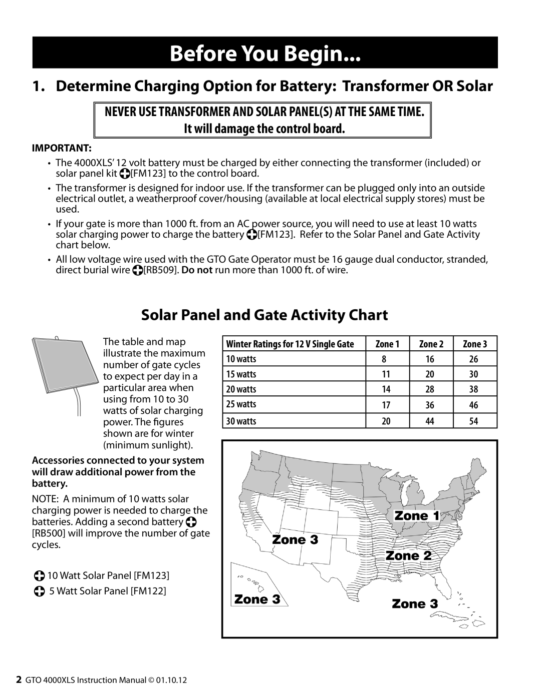 GTO R4854 01, 10, 12 Before You Begin, Determine Charging Option for Battery Transformer or Solar, Zone Watts 