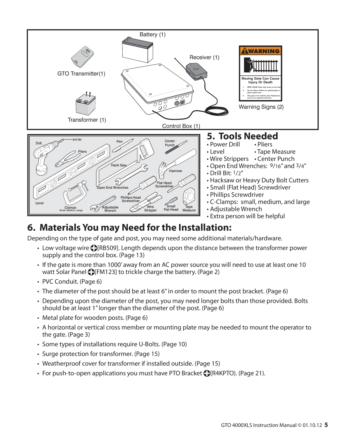 GTO R4854 01, 10, 12 installation manual Tools Needed, Materials You may Need for the Installation 